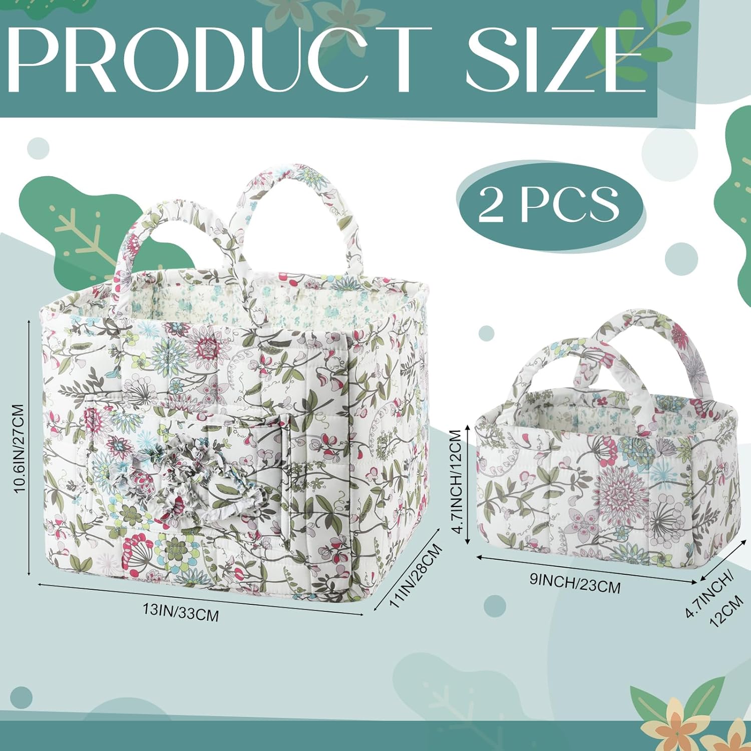 2 Pcs Quilted Fabric Storage Basket with Handles Large Capacity Laundry Basket Boho Foldable Floral Laundry Organizer Bin for Home Picnic Shopping Travel