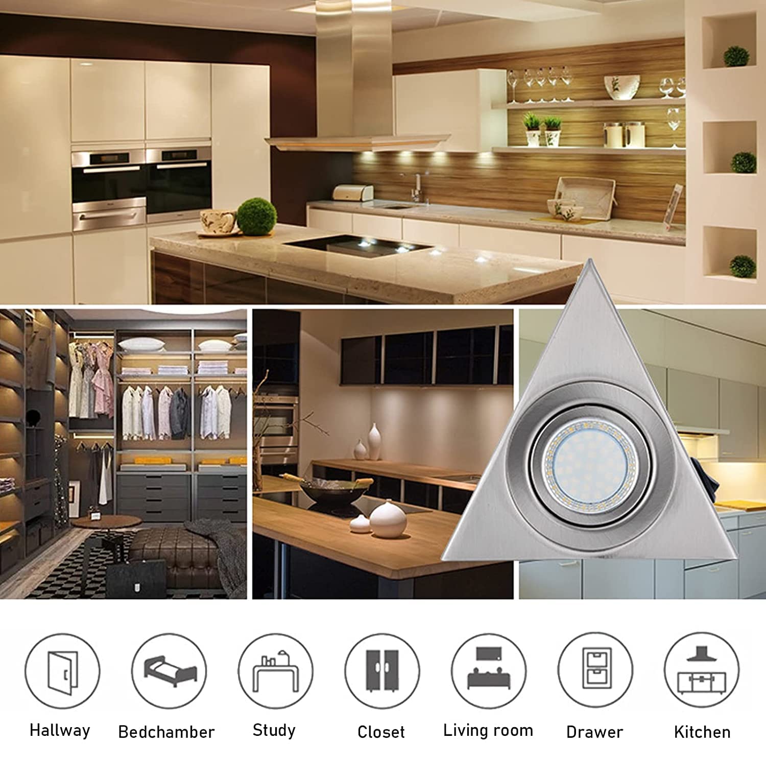 MENAYODA Lot de 3 spots LED triangulaires sous meuble avec interrupteur - En acier inoxydable - Pour entrée, armoire, armoire à vin, bibliothèque