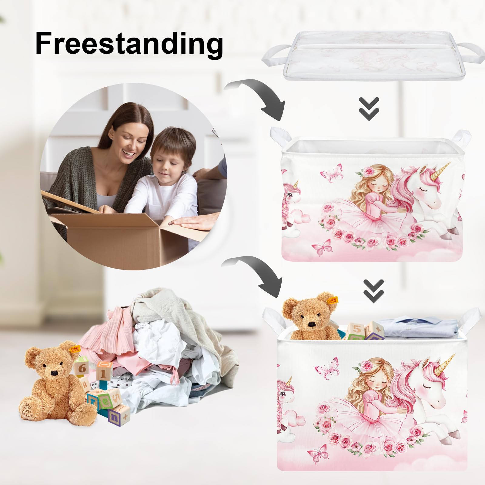 Clastyle Pink Unicorn Baby Laundry Hamper Collapsible Clothes Kids Storage Basket Waterproof Girls Toy Box for Nursery Room Rose - Image 3