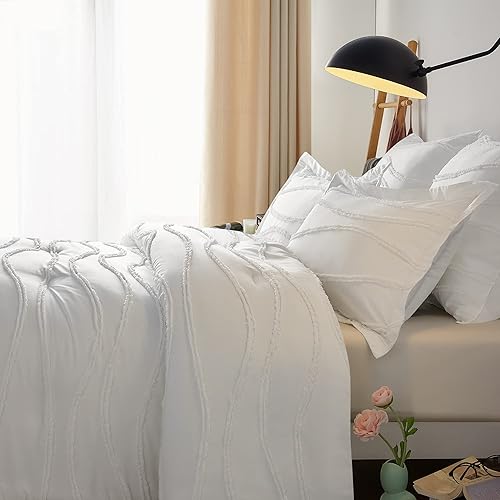 Miniatura 4 de Gemarwel Juego de edredón blanco Queen de 3 piezas, edredón blanco suave, juego de ropa de cama y colecciones ligero bohemio copetudo (edredón de 90