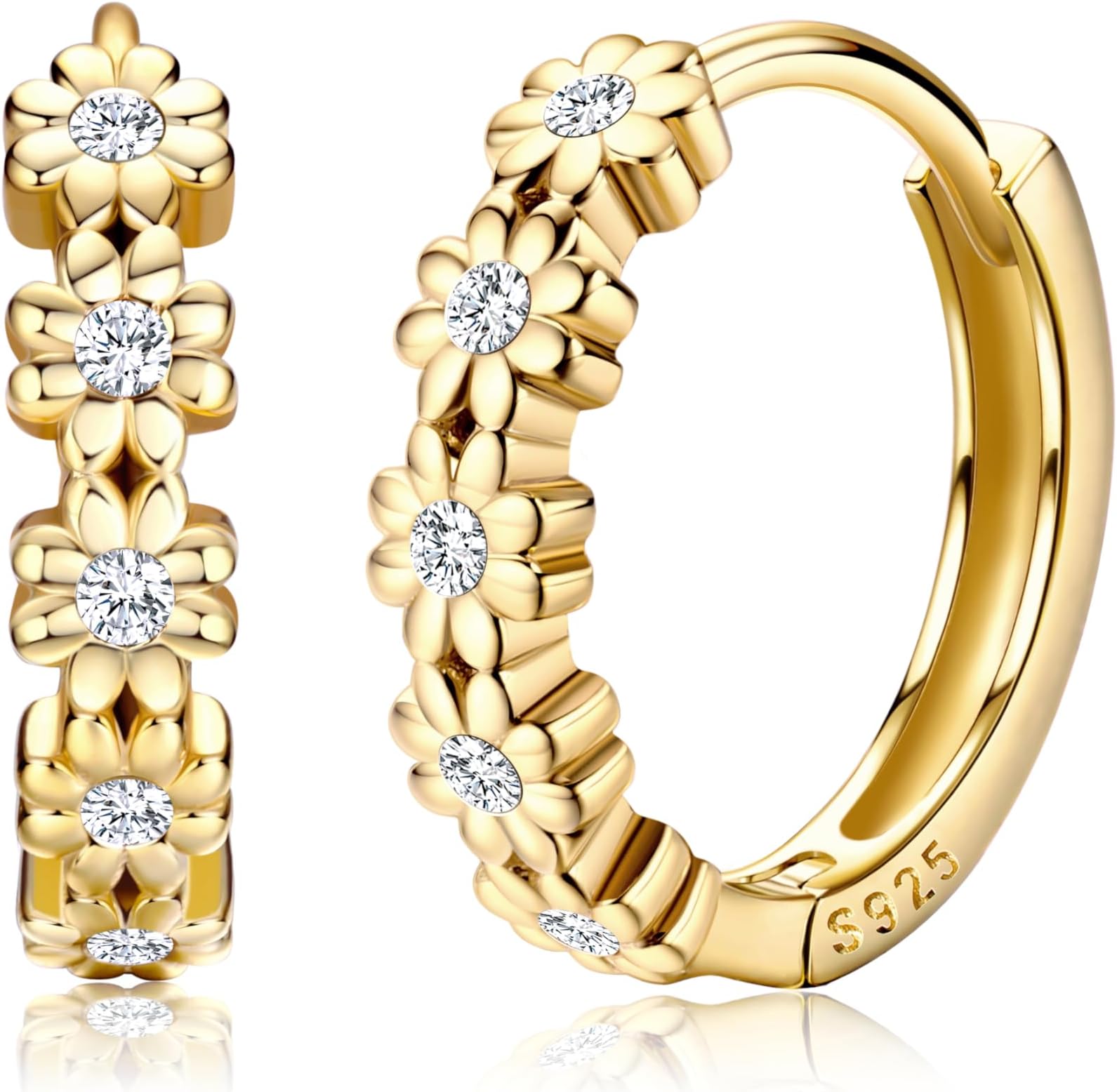 Solid 925 Sterling Silver Small Hoop Earrings for Women 14K Gold Plated Daisy Huggie Hoop Earrings Cute Cubic Zirconia Flower Hoop Earrings Hypoallergenic Earrings