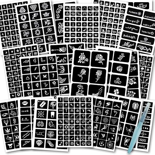 Koogel 524 piezas de tatuaje semipermanente 20 hojas de henna para mujer plantilla de tatuaje temporal para pintura facial arte corporal
