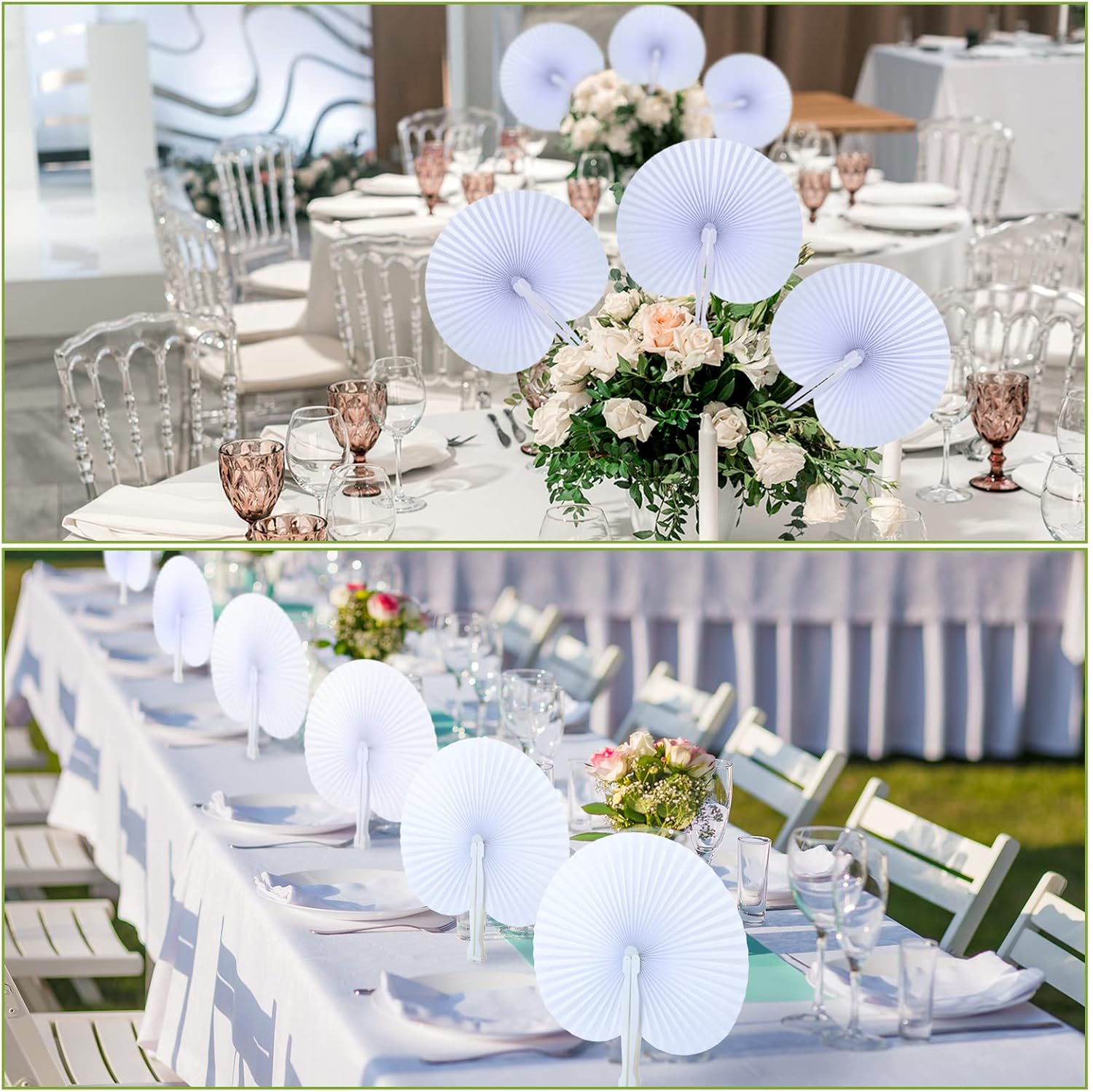 Yulejo 100 Packs White Wedding Fan Round Folding Paper Fans with Plastic Handle Pocket Decorative for Wedding Celebration DIY Birthday Party Favors