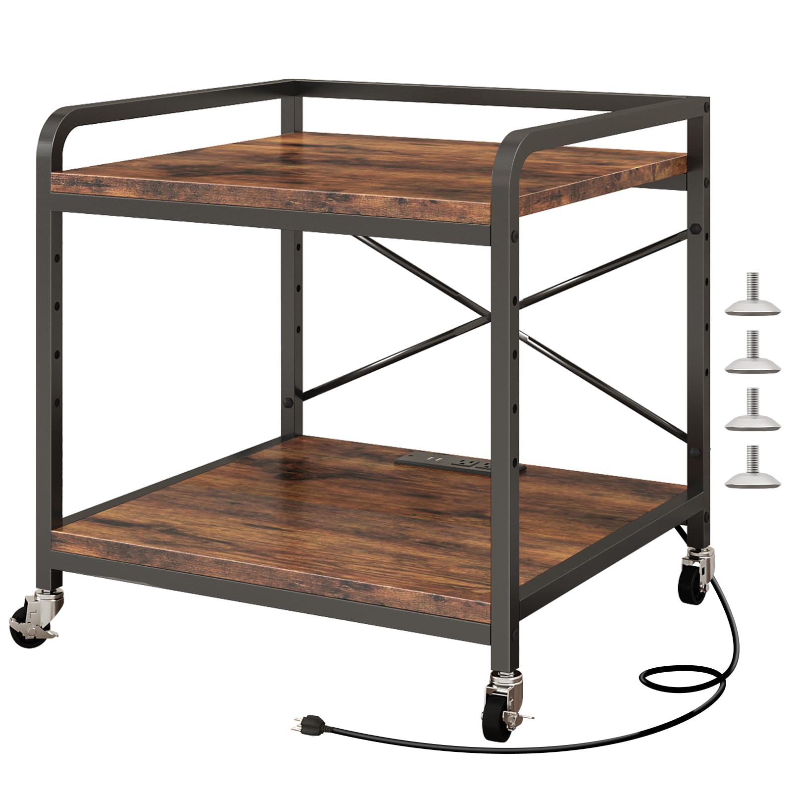 METYERRY Under Desk Printer Stand with Power Outlet Large Printer Table with Adjustable Shelf,Industrial Wheels, 20 Inches Deep 2 Tier Rolling Printer