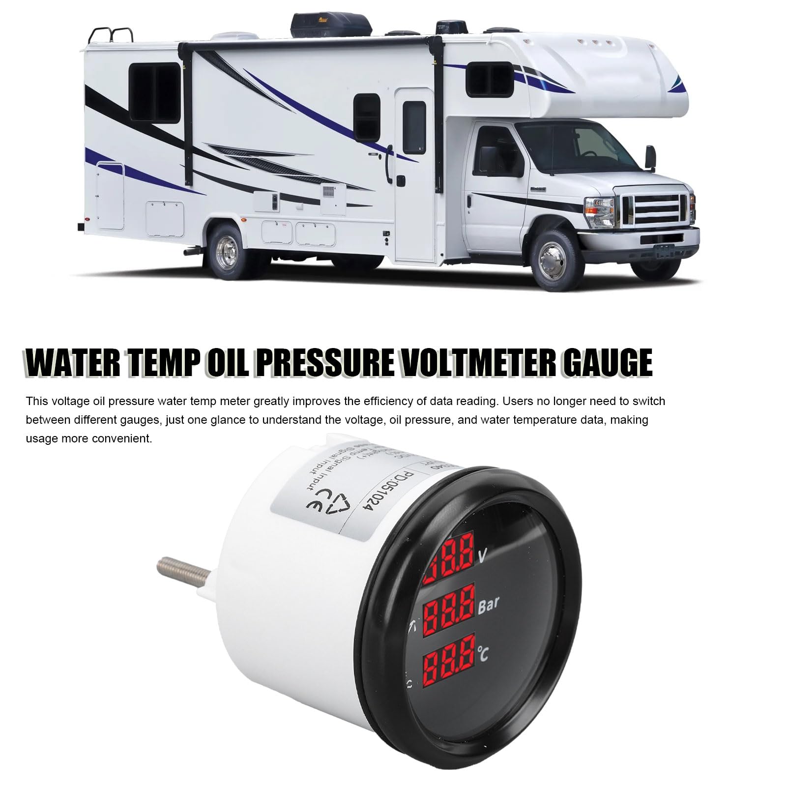 Indicatore Temperatura Acqua Pressione Olio Tensione 52mm Retroilluminazione Rossa Misuratore Digitale Impermeabile Yacht RV 9-32VDC (Quadrante nero lunetta nera)