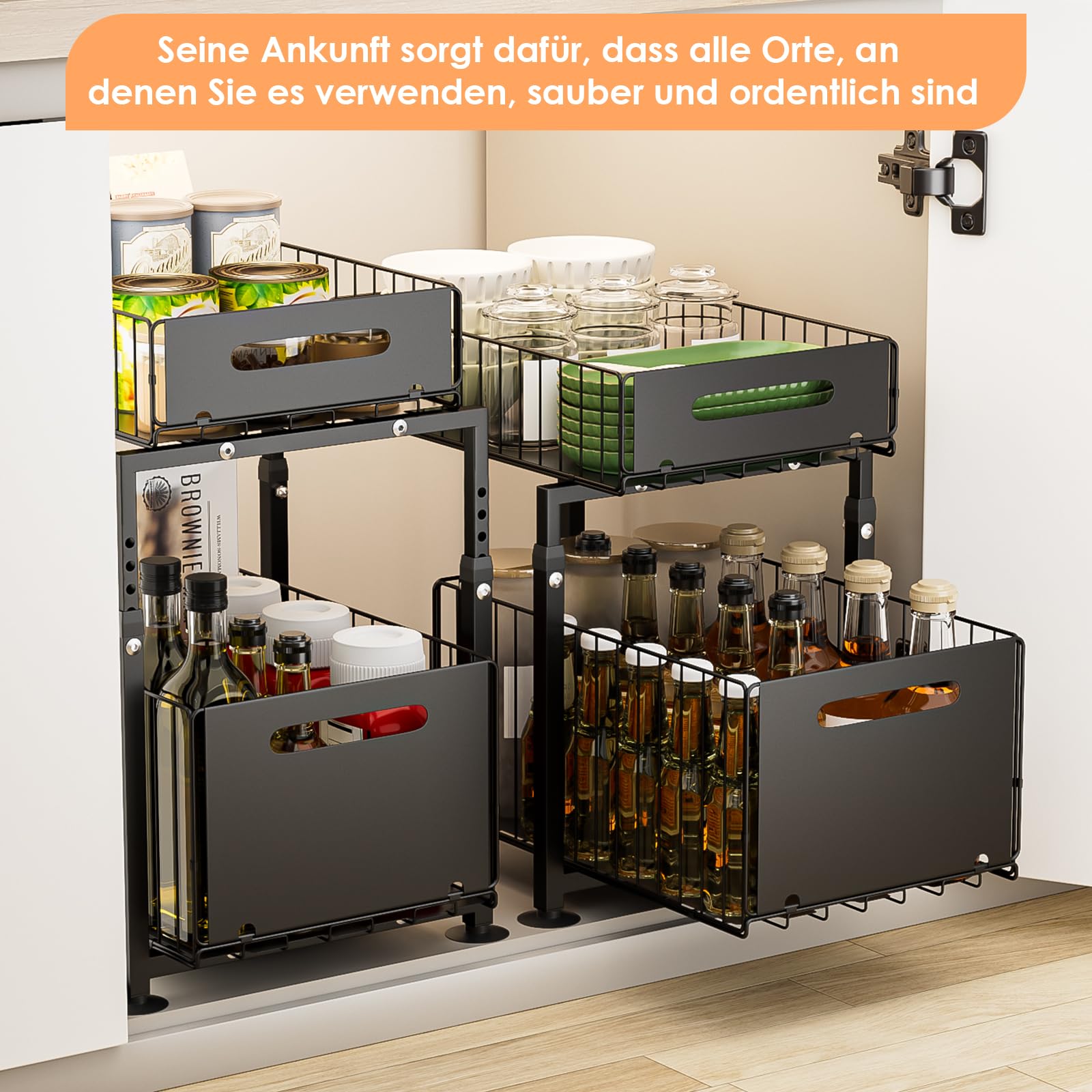Dreamhigh® Küchenschrank Organizer Ausziehbar, Unterschrank Organizer mit Doppelschicht Teleskopschublade, Base Cabinet Organiser Küche Ausziehbar Höhenverstellbar, für Spüle & Bad (Schwarz)