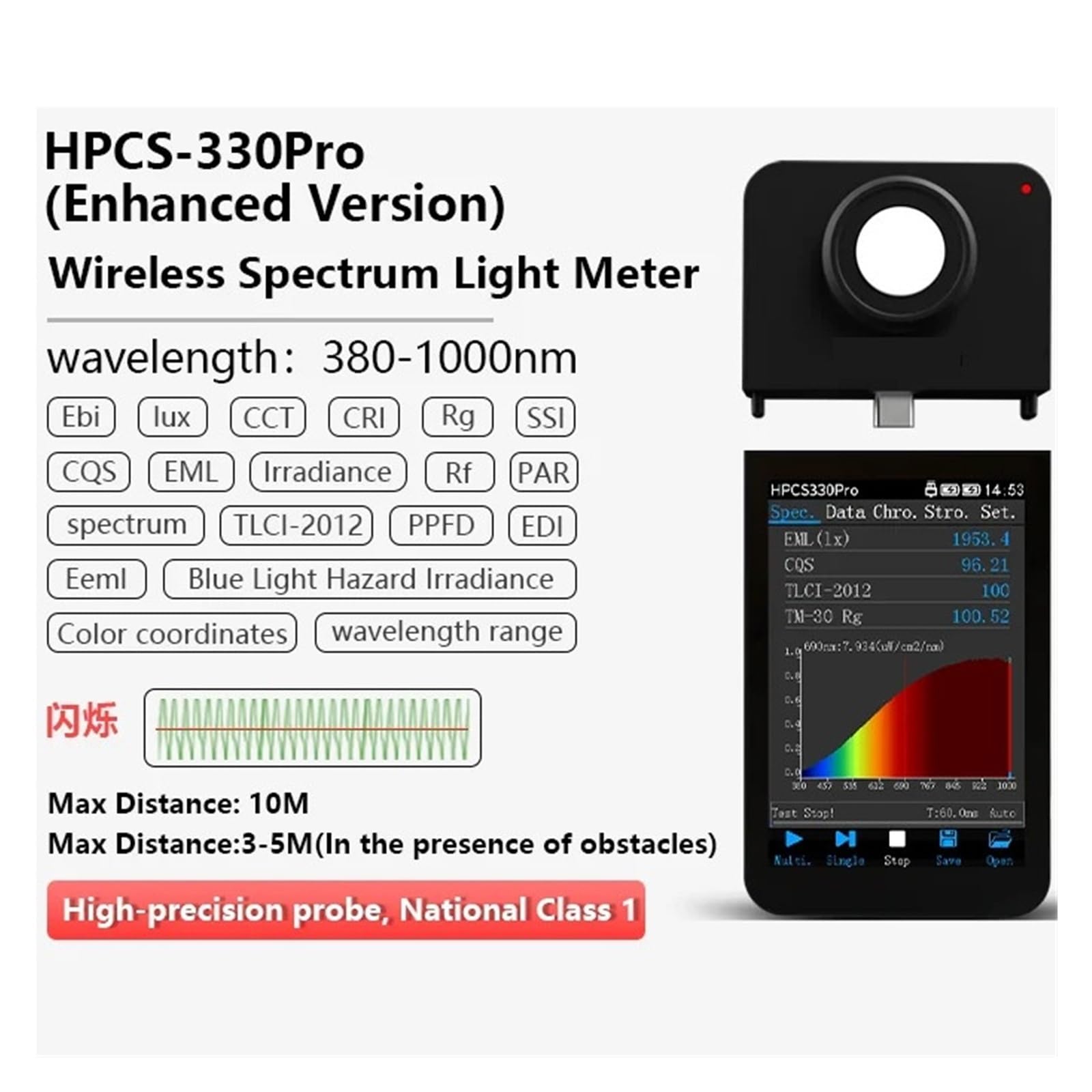 HPCS330Pro 380-1000nm Tester migotania światła Spektrometr Cct Cri Par Meter | Analizator widma światła MW/cm² CCT CRI