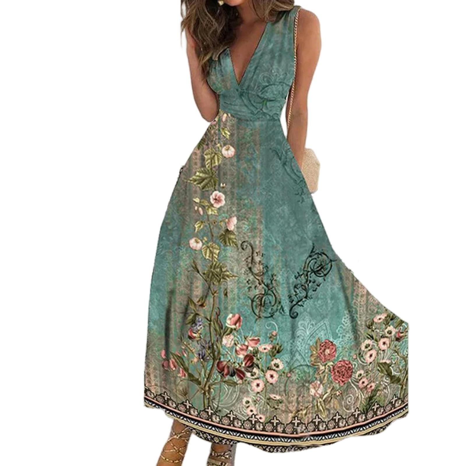 Abito a V Del Partito Swing Delle Donne Boho Floral Beach Dress Vacanze Abiti Estivi Plus Size Abbigliamento, HUTALIM, Verde, l