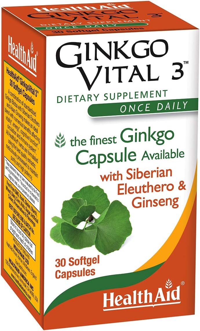 HealthAid Ginkgo Vital 3 – Once-Daily Softgel with Ginkgo Biloba, Siberian Eleuthero & Korean Ginseng | Supports Mental Clarity & Circulation | 30 Softgels