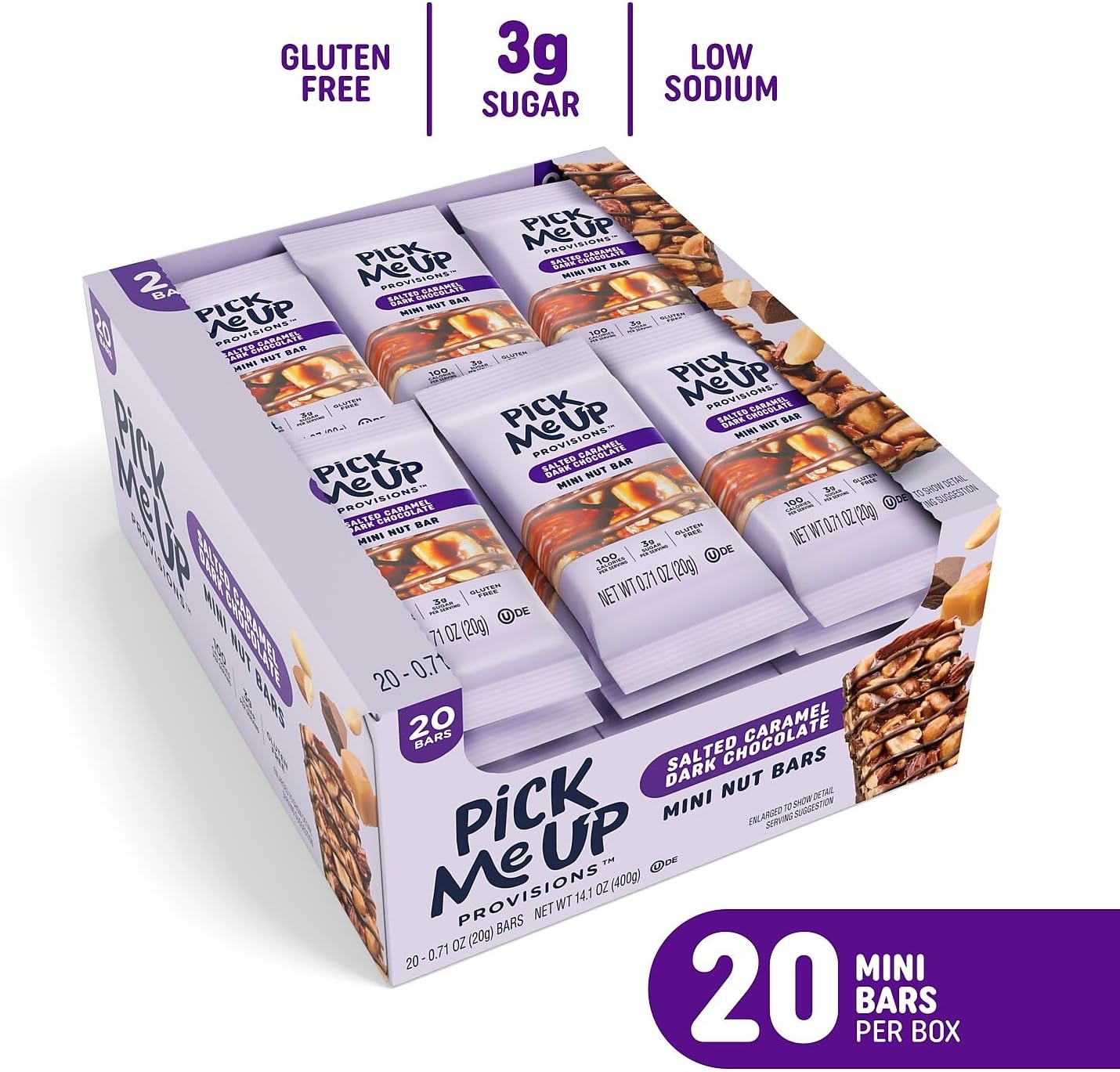 Pick Me Up Provisions Mini Gluten Free Salted Caramel Dark Chocolate Nut Bar, 20 Bars, Perfect for Lunches, Protein Snack