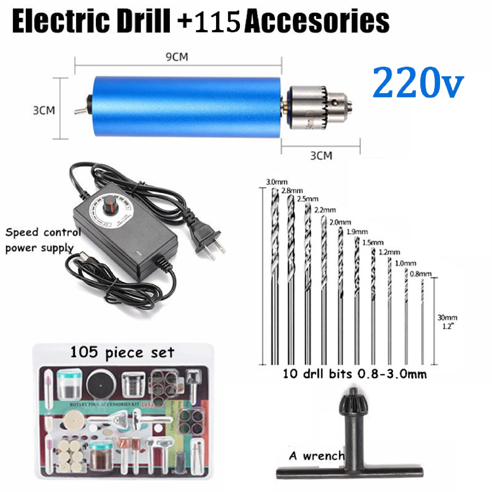 Taladro De Mano Portátil De Micro Aluminio, Mini Taladro De Mano Eléctrico, Ajuste De Control De Velocidad, con 105 Accesorios, 10 Microtaladros, para Resina, Plástico, Madera, Joyería De Bricolaje