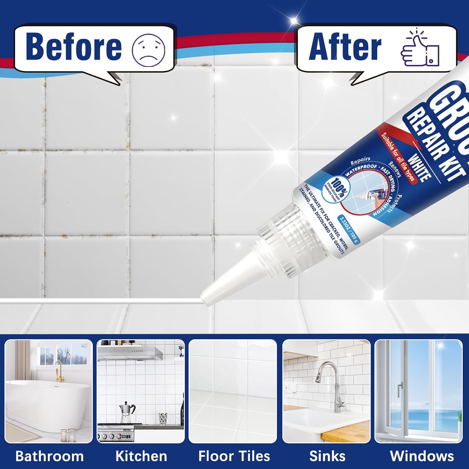 Tile Grout Repair Kit, 2 Pack Tile Grout Paint, Grout Sealer for Bathroom Kitchen Floor Tile, Fast Drying Grout Pen, White Filler Restore & Renew Tile Joints Line and Gaps