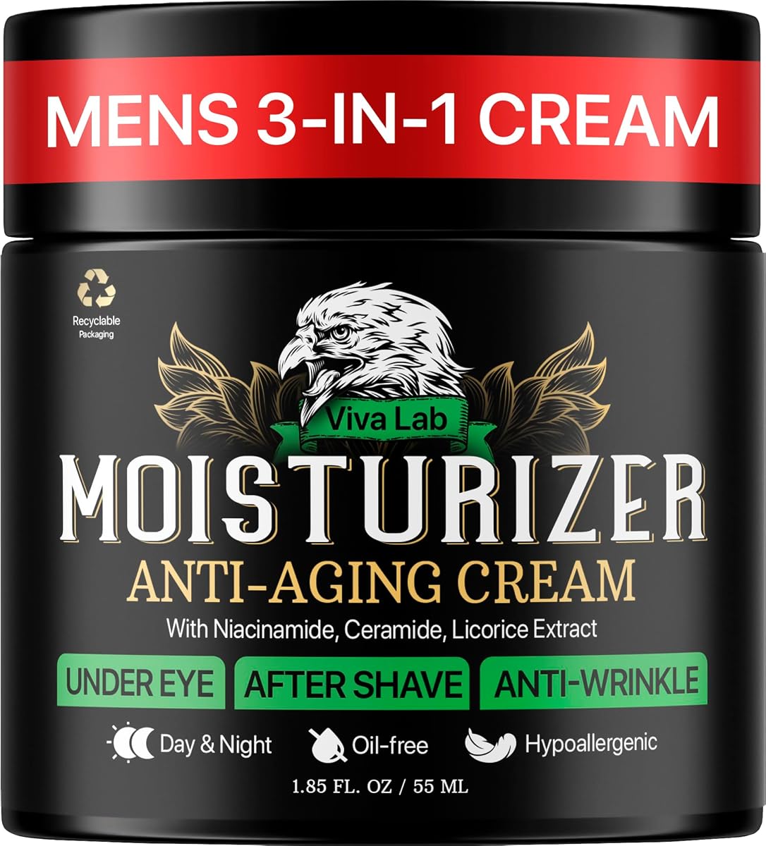 Mens Face Moisturizer Anti-Aging Cream - Lightweight After Shave Lotion for Men - Day & Night Hydrating Skin Care with Niacinamide Collagen Ceramides - Fast-Absorbing Non-Greasy 1.85oz