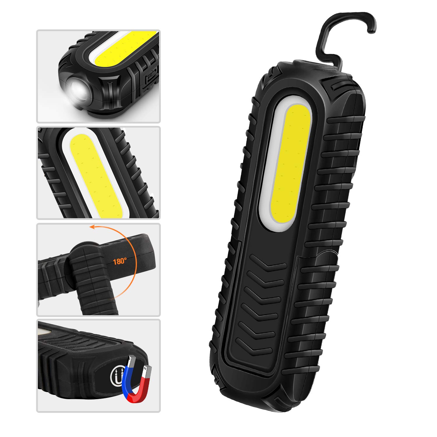 Lampe de Travail Rechargeable, Super Bright 5W COB LED Flood Light et 3W LED Torch avec Support Réglable, Crochet et Base Magnétique Lampe Inspection pour Atelier, Voiture et Utilisation D'urgence