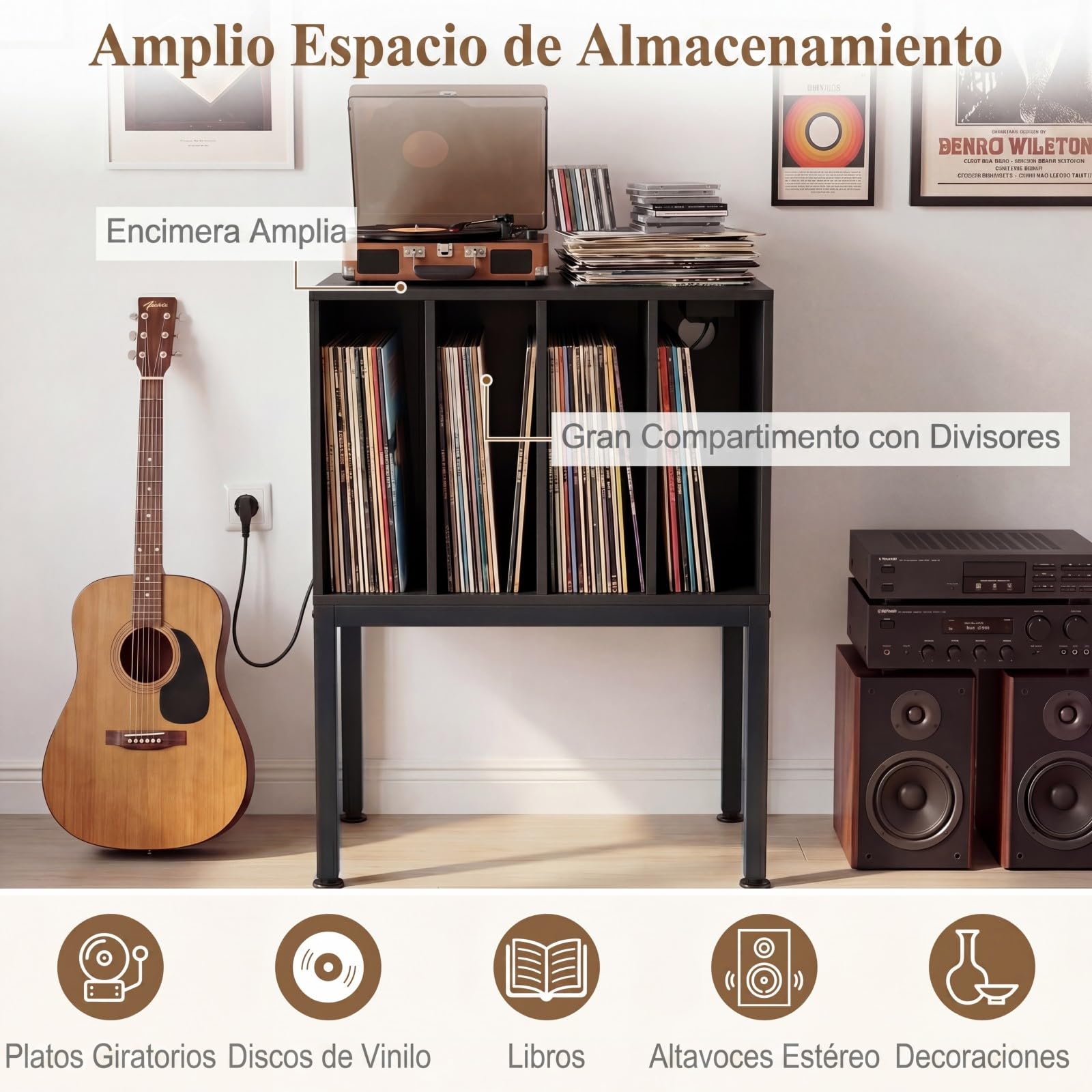 COSTWAY Mueble para Tocadiscos con Estación de Carga, Mesa para Tocadiscos con 4 Compartimentos Abiertos para Vinilos, Patas Metálicas, Mesa Auxiliar para Discos y Álbumes, Salón, Oficina (Negro)