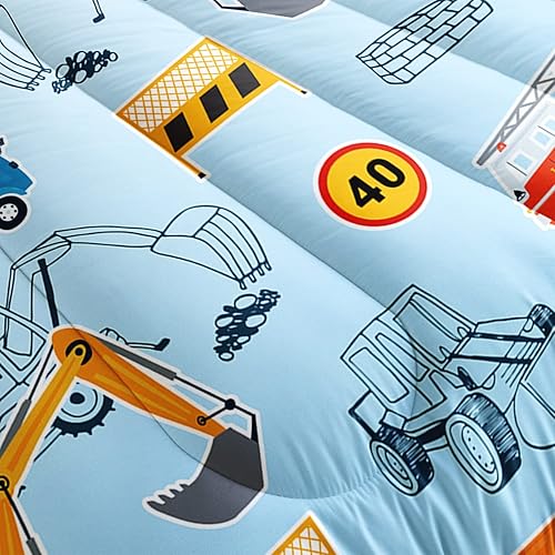 Miniatura 6 de HOSIMA Juego de edredón de caricaturas tamaño matrimonial de 3 piezas con diseño de grúa excavadora y tractor, juego de ropa de cama para niños y