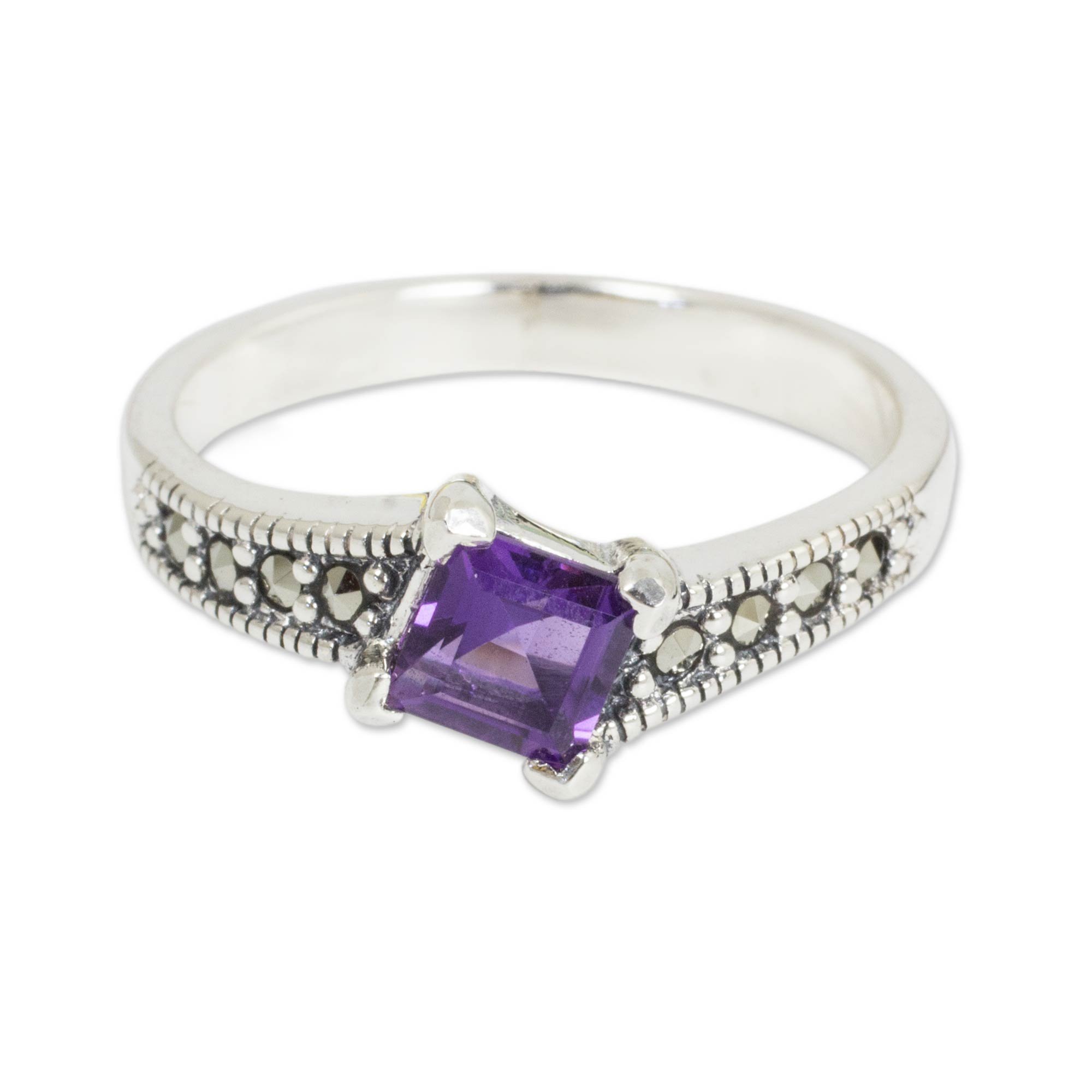 NOVICA Artisan Handmade .925 Sterling Silver Amethyst Solitaire Cocktail Ring Thai Marcasite Single Stone Thailand Birthstone 'Deco Days'