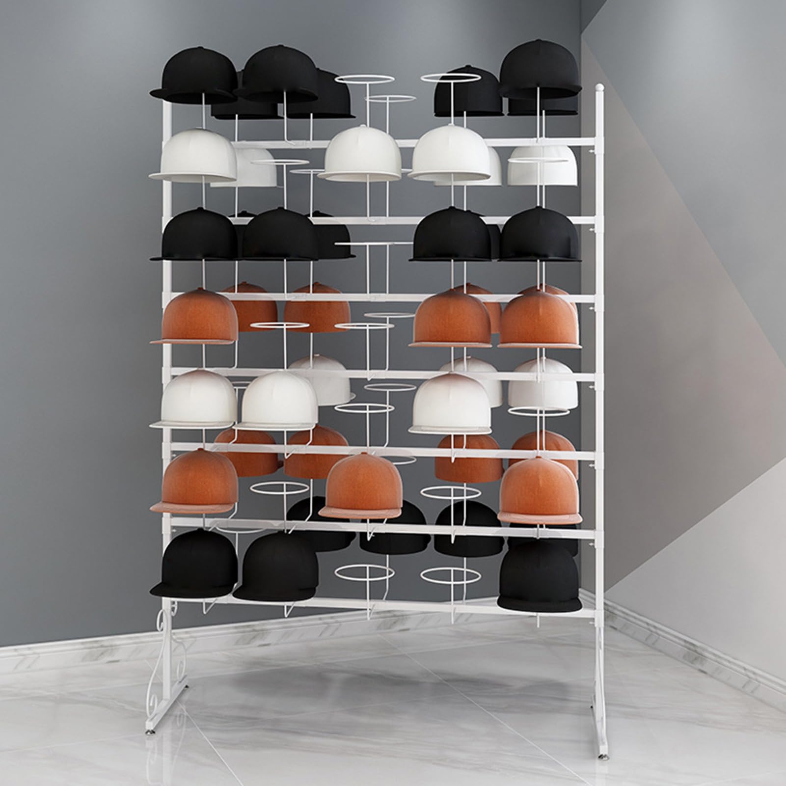 Perchero para Sombreros, Expositor Organizador de Gorras de béisbol | Expositor de Sombreros de Metal, Soporte de pie para Gorras, Pelucas y Sombreros (Blanco, 150 cm, 6 Niveles, Capacidad p