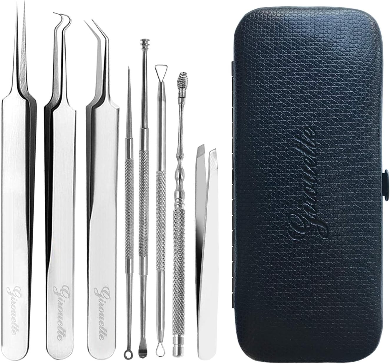 Girouette Pimple Extractor Lash Tweezers and Ear Wax Cleaner Upgrade Set, Comedone Extractor Blackhead Remover Kit with Pointed Tweezers and Ear Wax Remover 8pcs (Black)