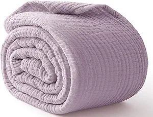 100% Cotton Muslin Blanket King 108" x 90", 6 Layers Breathable and Lightweight Cotton Throw Blanket for Bed, Soft Quilt Bedspread Coverlet, Gauze Blanket for Adults All Season, Lavender