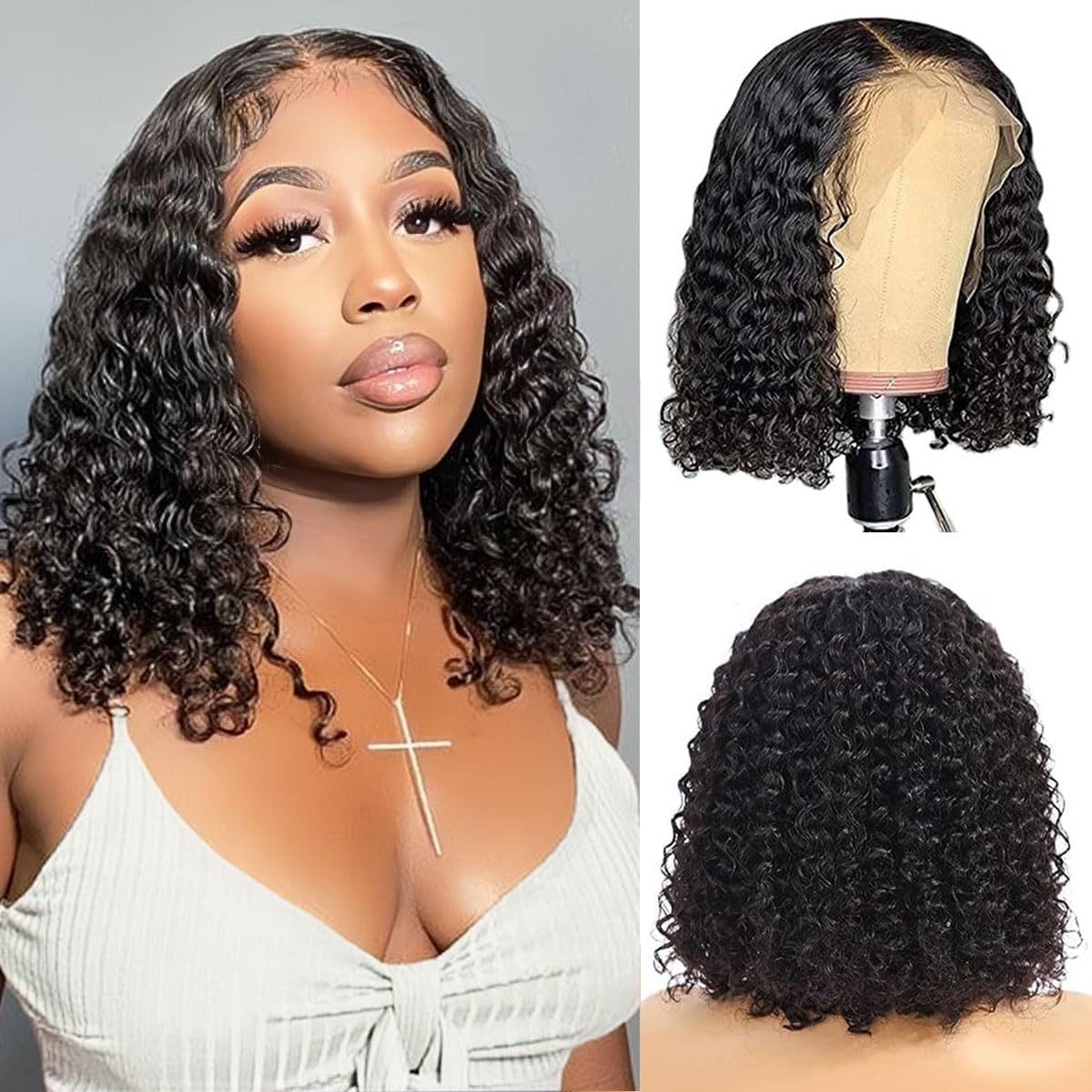 NICMISS Bob Wig Human Hair for Black Women 13x4 Lace Front Human Hair Wigs Deep Curly Bob Brazilian Virgin Pre Plucked Natural Hairline HD Transparent Lace Frontal Wig Natural Colour 14 inch