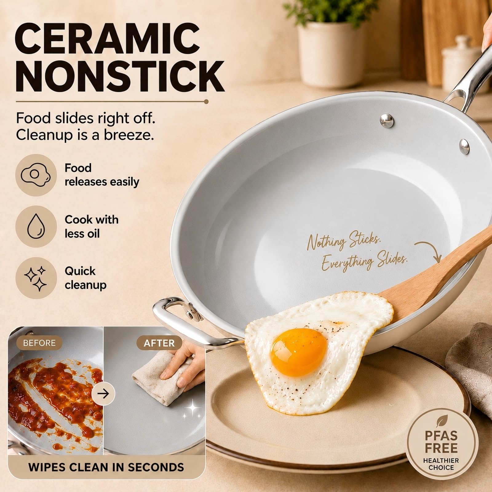 Kikcoin 12" Ceramic Nonstick Pan with Lid - 5 QT -3
