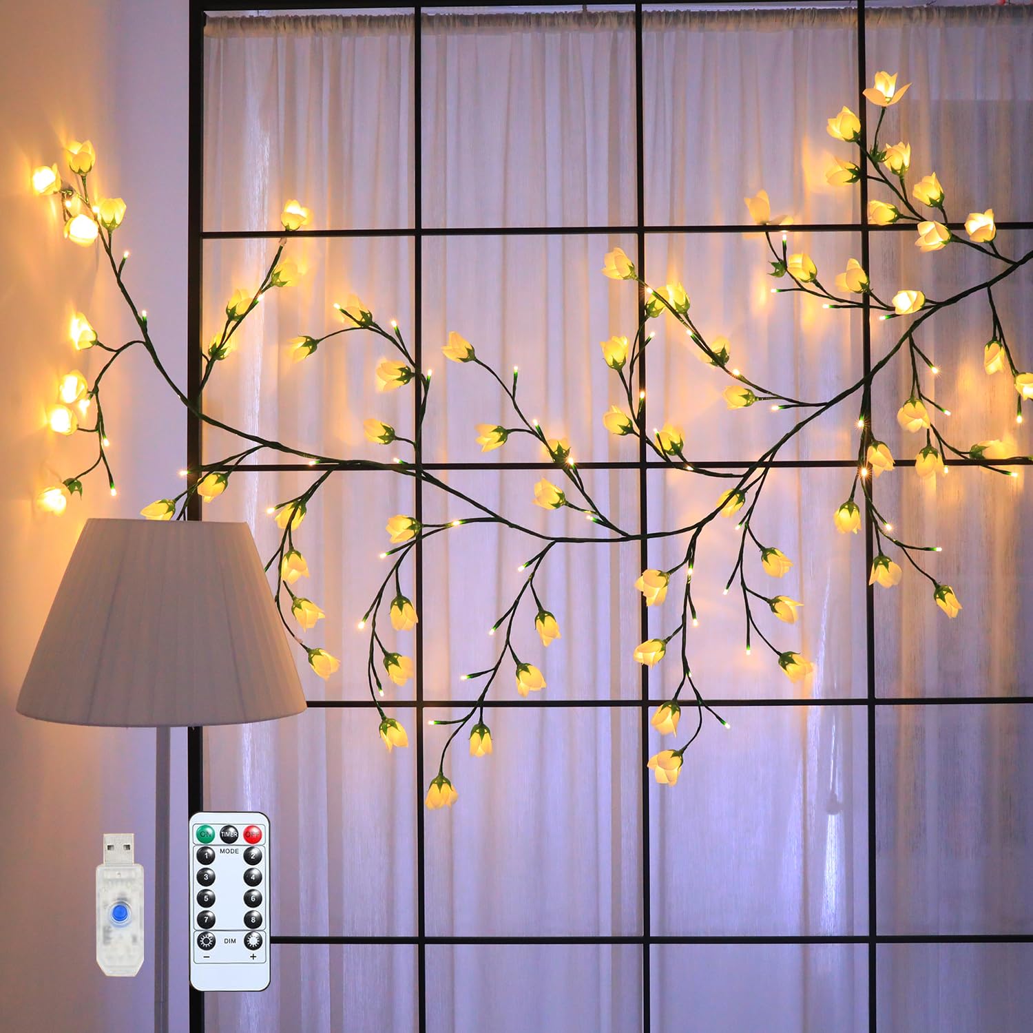 Gresoinc 230cm 144LED Tulips Blossom Tree Twig Lights for Wall, USB Powered 8 Modes Warm White Fairy Light with Remote Timer Dimmable Flexible Willow Vine Floral Bedroom Home Spring Décor