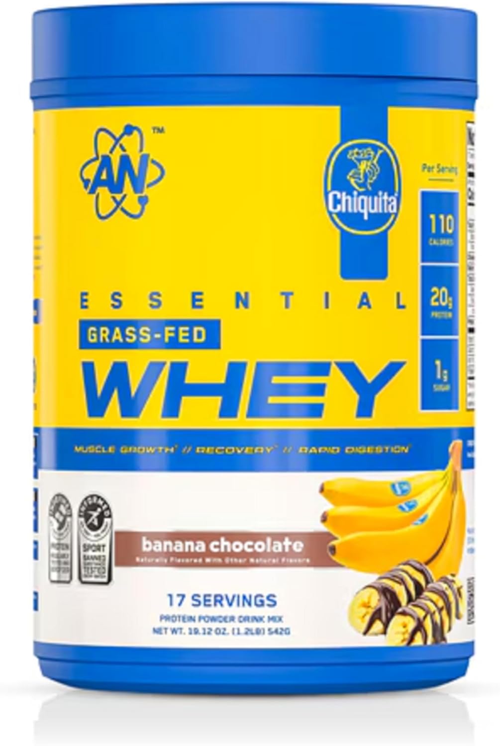 an Supps Essential Grass Fed Whey Protein Powder | 20g Protein, 500mg Potassium, 1g Sugar | Recovery, Muscle Growth, Rapid Digestion | Gluten Free | 17 Servings | Chiquita Banana Chocolate