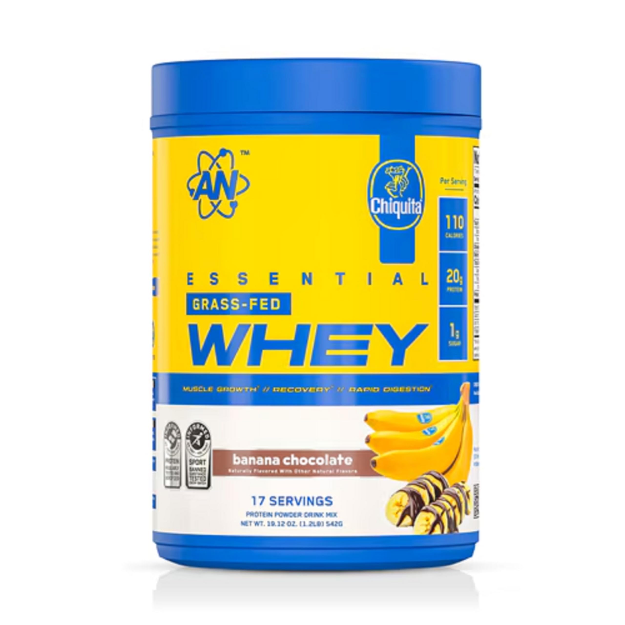 AN Supps Essential Grass Fed Whey Protein Powder | 20g Protein, 500mg Potassium, 1g Sugar | Recovery, Muscle Growth, Rapid Digestion | Gluten Free | 17 Servings (Chiquita Banana Chocolate) Chiquita Banana Chocolate 1.2 Ounce (Pack of 1)