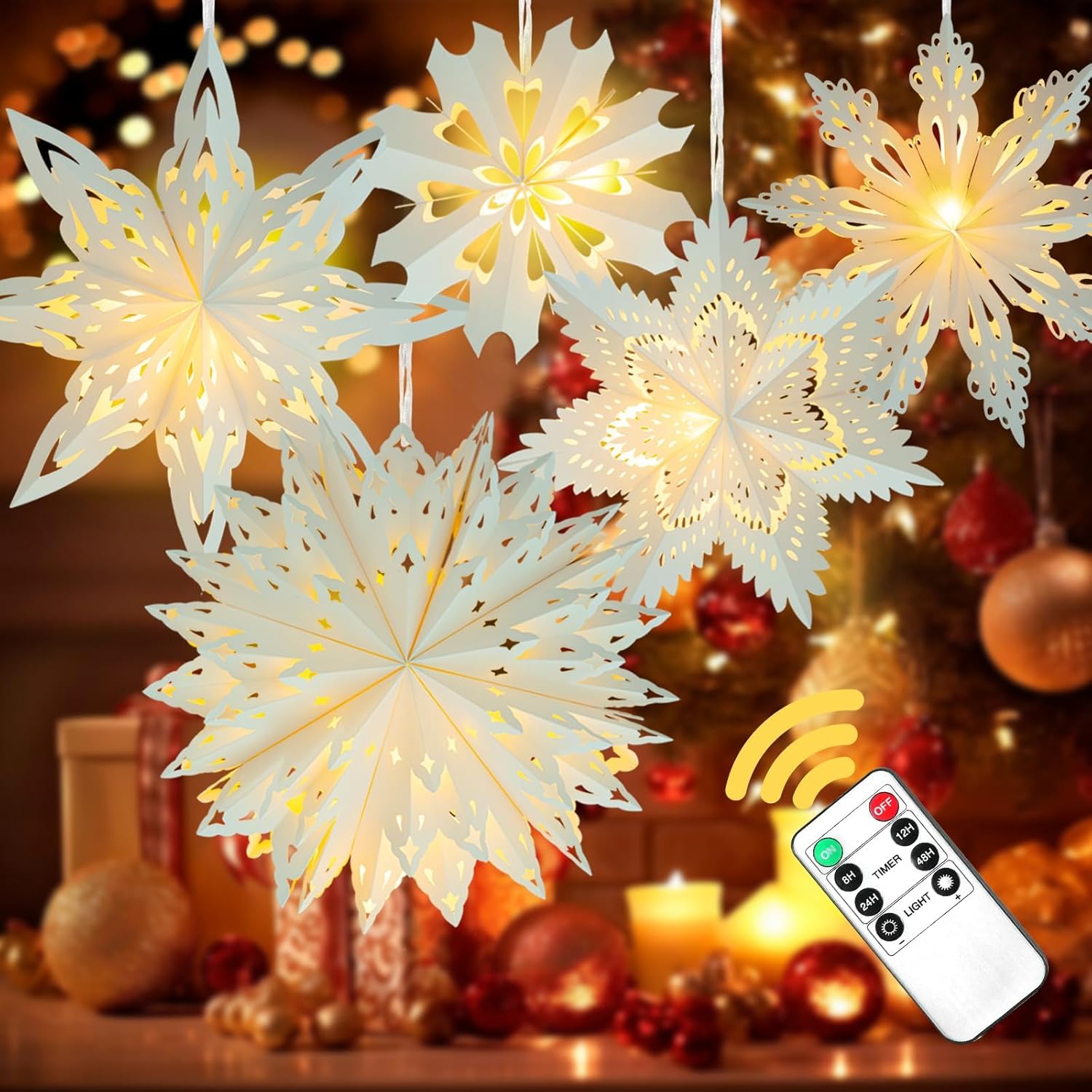 5 Pack Christmas Paper Snowflake Lanterns, Christmas Paper Star Lantern with LED Light White Hanging Lamp Ornaments for Xmas Tree New Year Winter Frozen Weddings Birthday Holiday Party Decorations White 5pcs