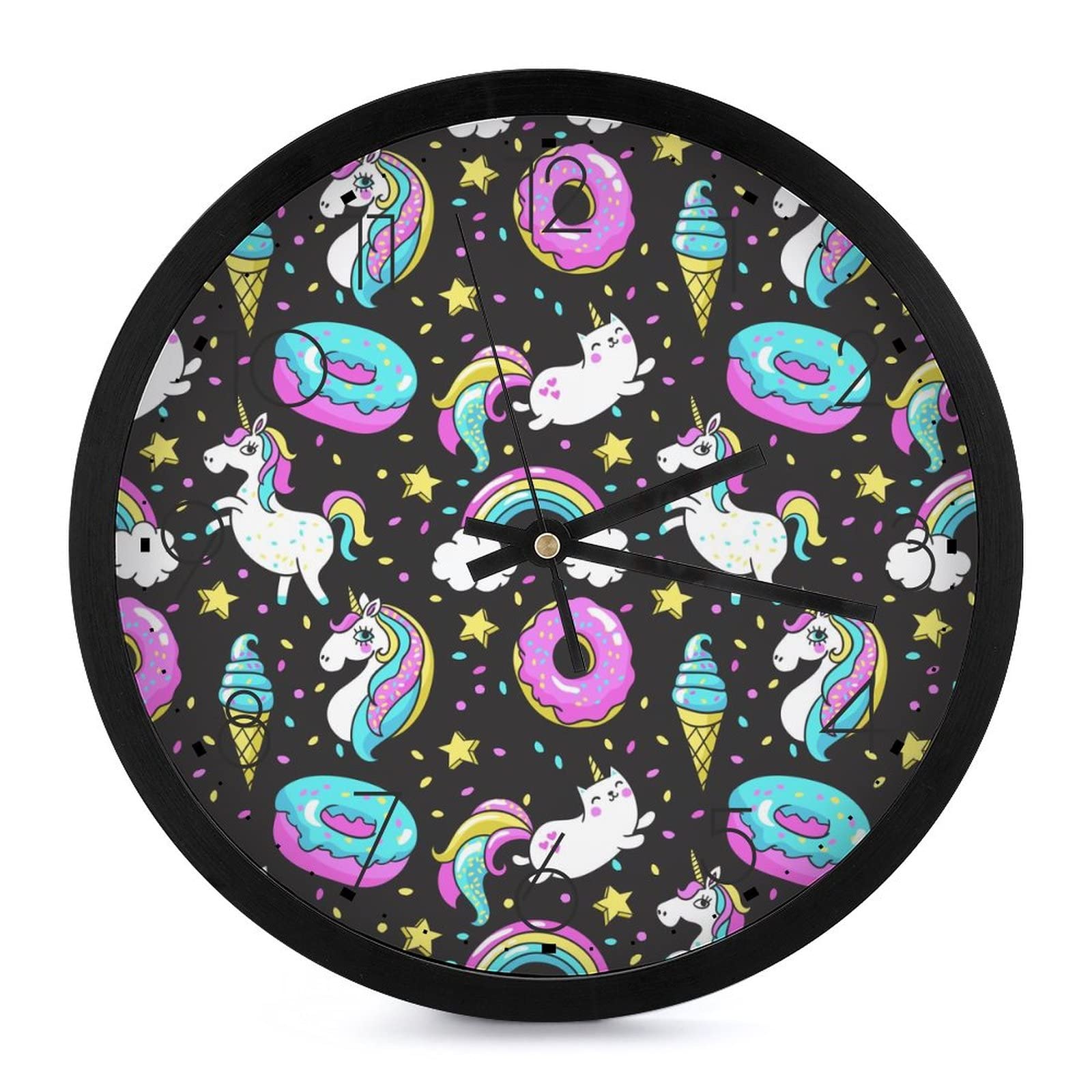 Horloge murale licorne et donuts pour chambre d'enfant ronde de 25cm