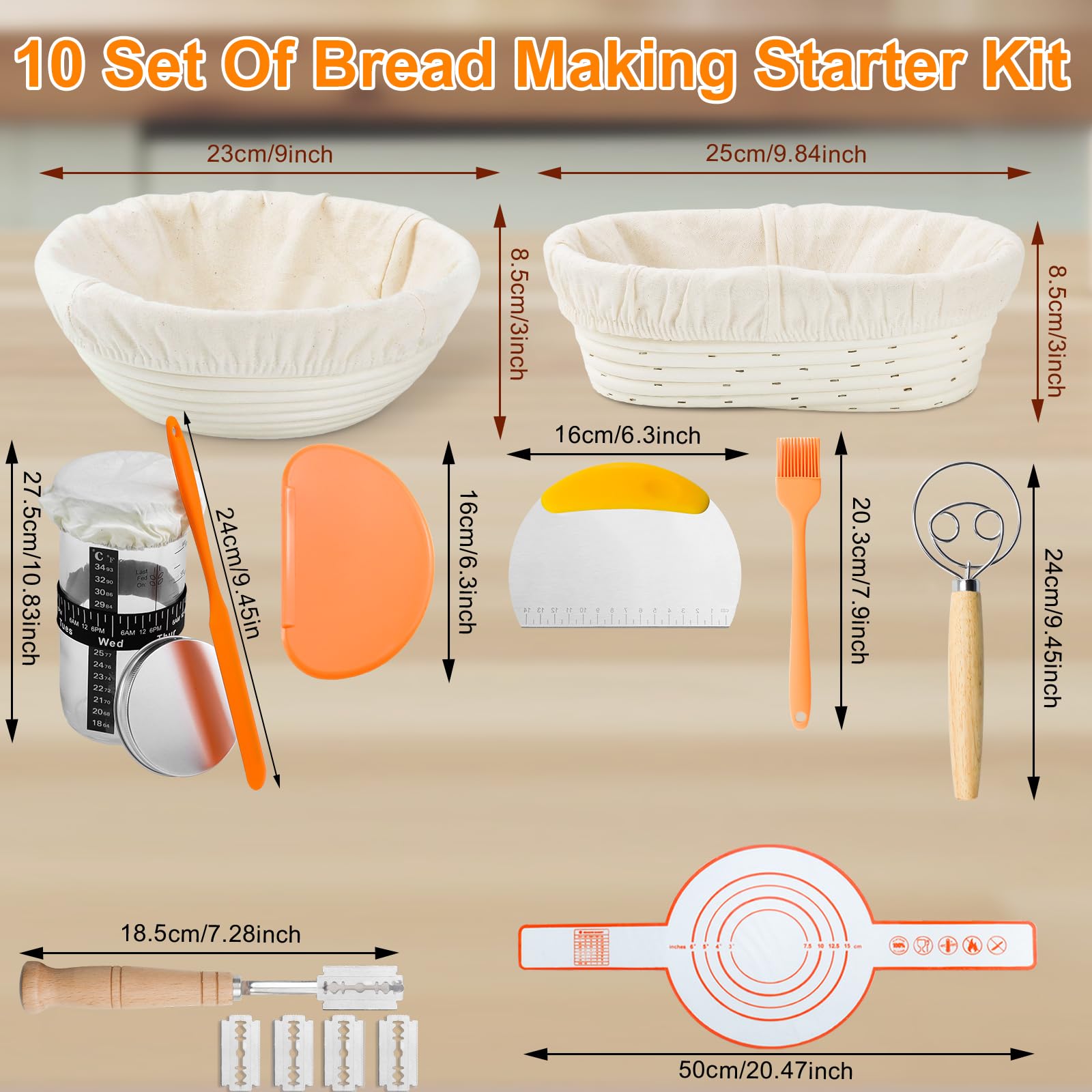 Kit Completo per la Pasta Madre,Cestino per Pane Lievitato In 2 Pz. con Fodera,Imbragatura Per Pane In Silicone,Barattolo di Agente Lievitante Spazzola In Silicone,Set Di Raschietti Per Pasta(A)