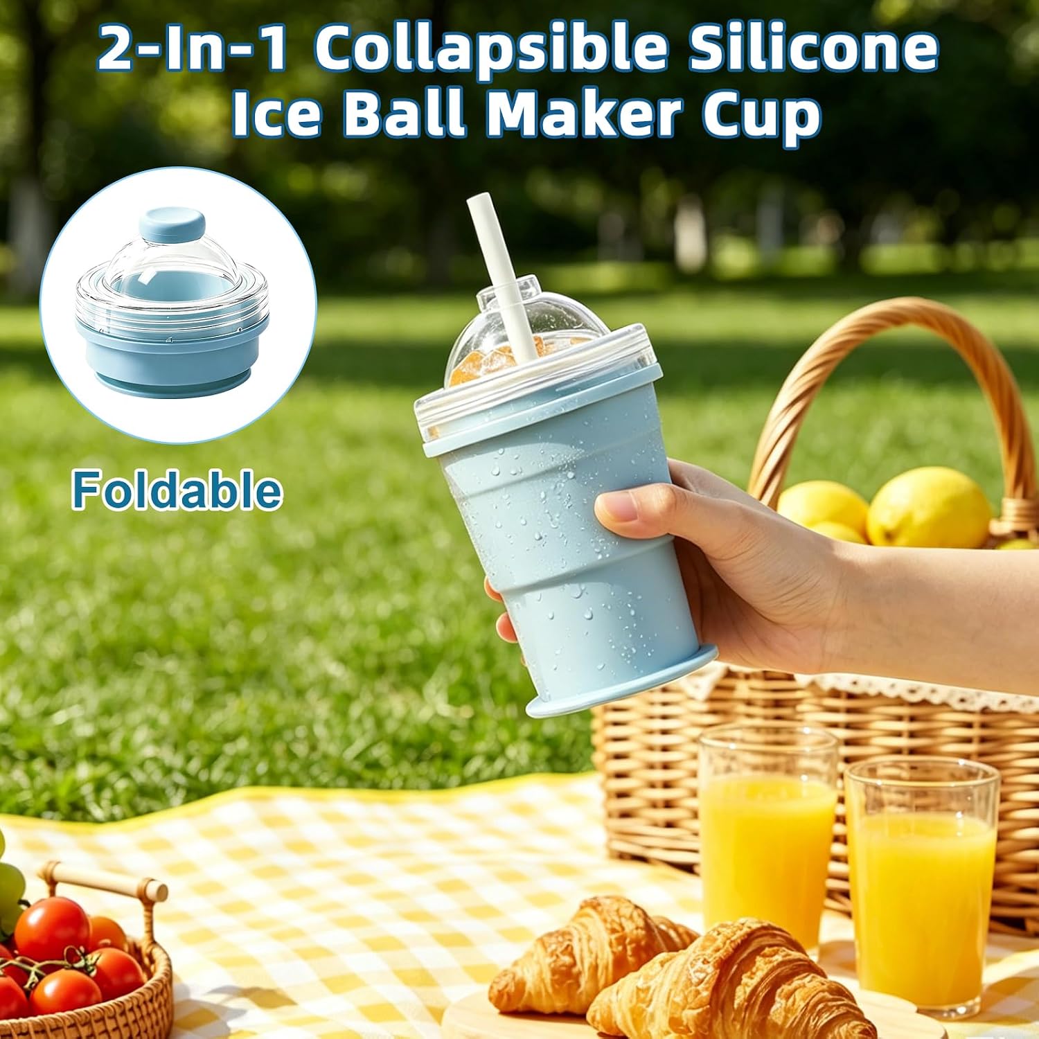 2-in-1 Collapsible Silicone Ice Ball Maker Cup, Portable Ice Cube Bottle with Straw & Lid, Foldable Ice Mold Cup, Leakproof Travel Tumbler for Iced Coffee, Juice & Summer Drinks(Blue) image 3