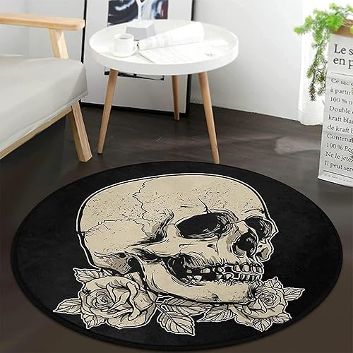 keepcute Alfombra redonda de calavera de 2 pies, color negro, redonda, antideslizante, lavable, para cocina, dormitorio, sala de estar, 2 x 2 pies,