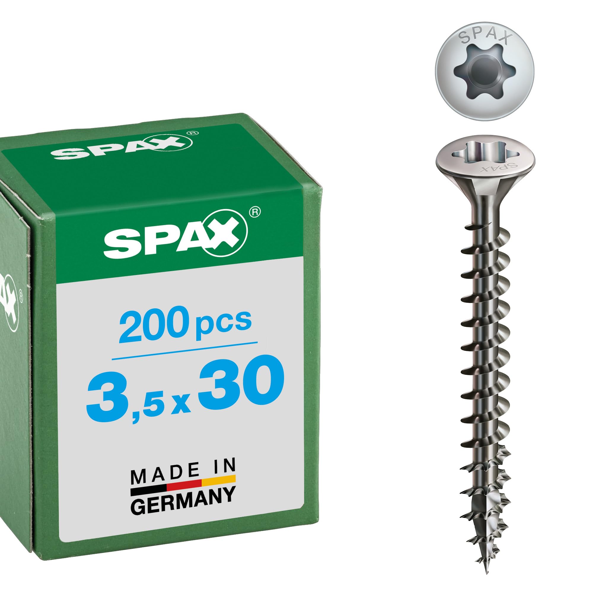 Spax T-Star Plus Universal Screw 3.5 mm x 30 mm, A2 Stainless Steel, Pack of 200, Raised Countersunk Head, Fully Threaded, 4Cut, 0627000350303