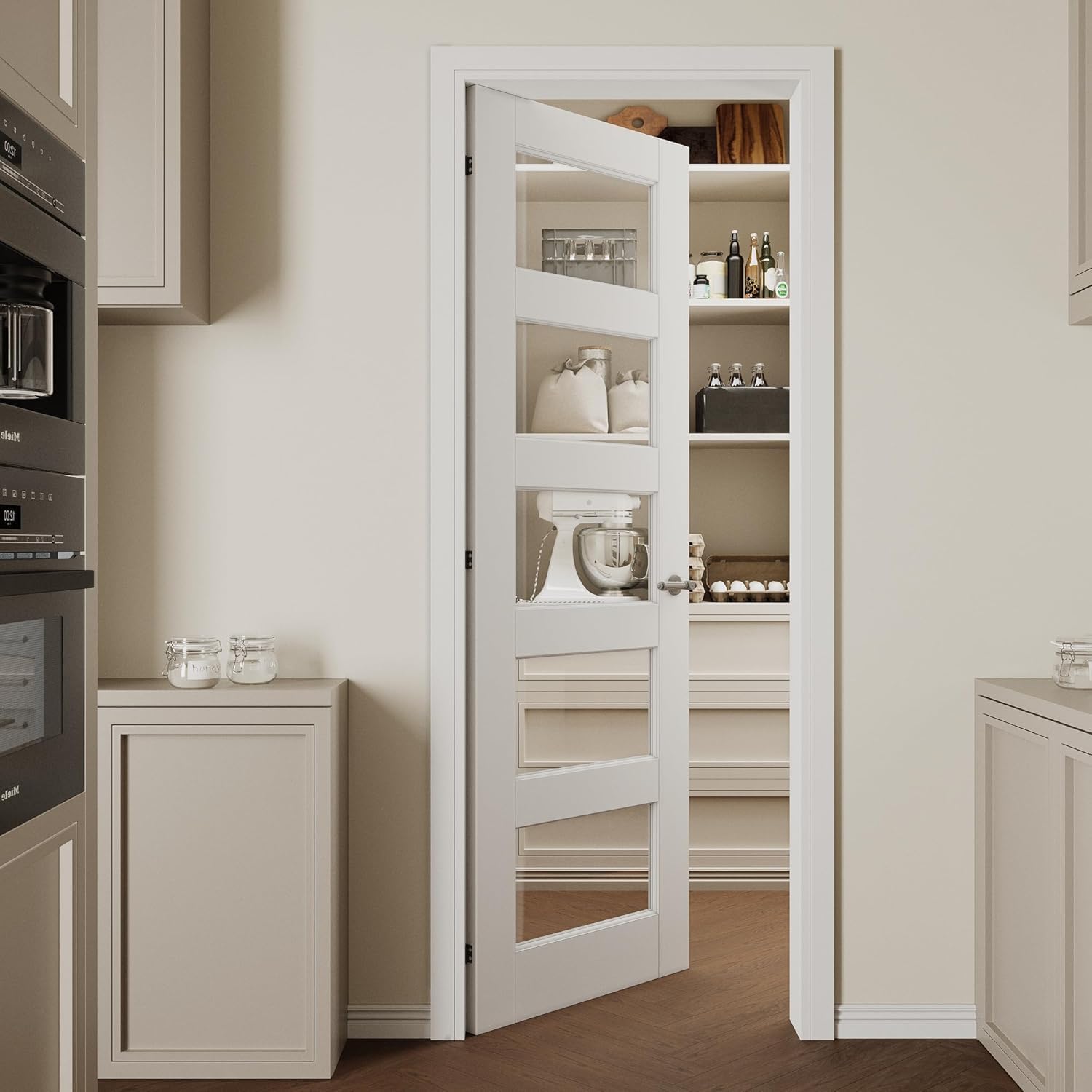 32''x80'' 5-Lite Clear Glass Interior Door Slab Shaker, Pre-Built Lite for Barn Doors, Pocket Doors, French Door; for Pantry, Bedroom, Closet, Laundry&Bathroom White Prefinish&Paintable