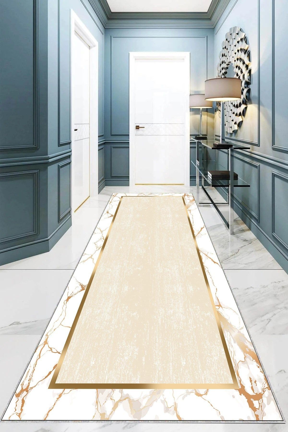 Pelangi Ekru Zemin Gold Çerçeveli Mermer Desenli Dijital Baskı Yıkanabilir Kaymaz Taban Salon Halı ve Yolluk, Ekru 100 x 600, 95543561006007