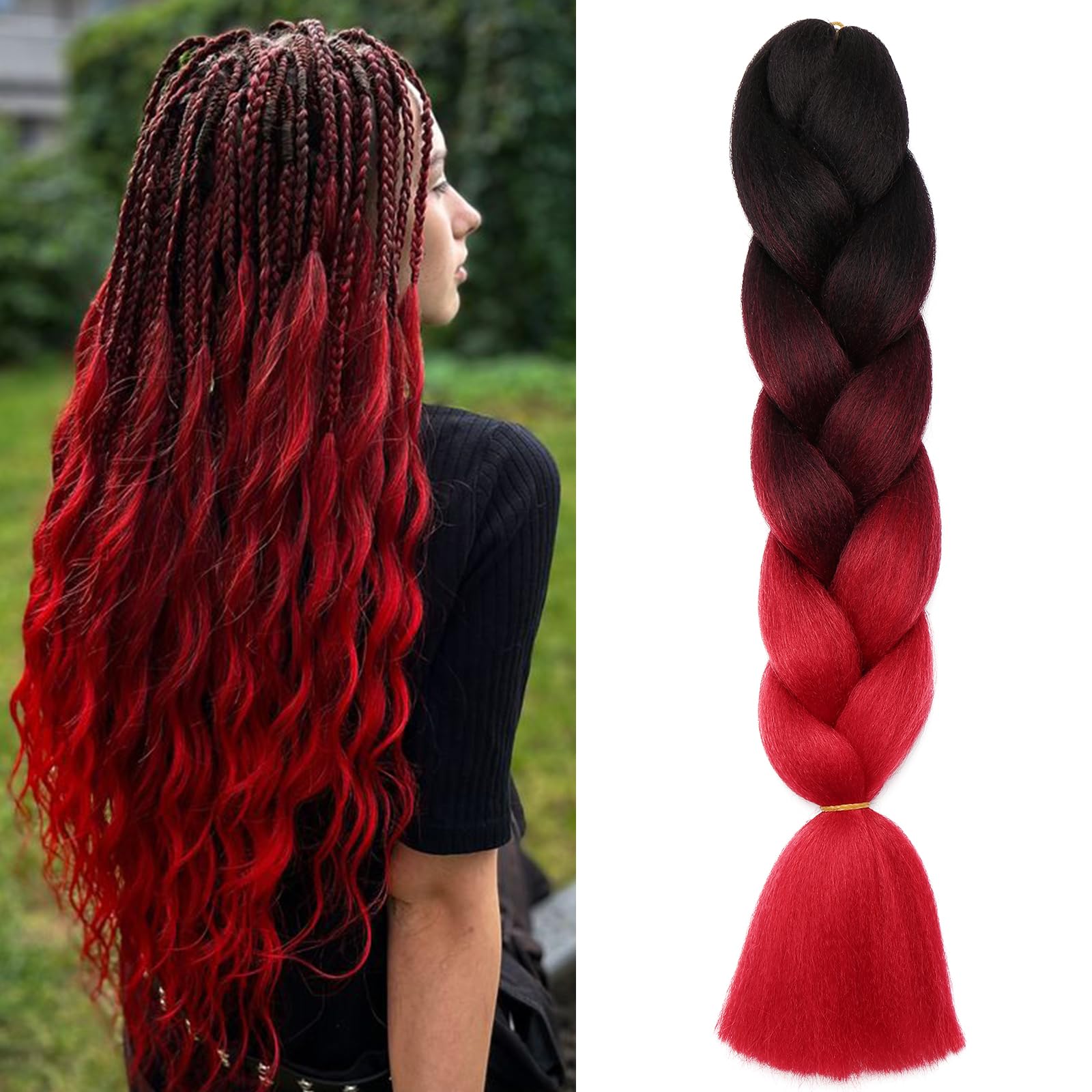 Benehair Braid Extensions 24 Inches Ombre Jumbo Braiding Hair Colorful Synthetic Hair Extensions for Braiding Hair Extensions for Women(Black/Red
