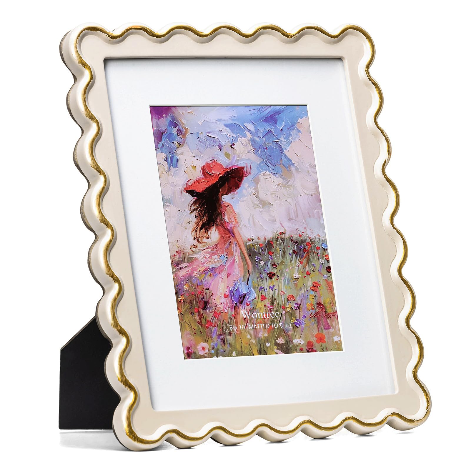 8x10 Picture Frame in Beige with Shinning Gold Wavy Edge, Resin Frame with Real Glass, Display 8x10 Photos Matted to 5x7, Vertical and Horizontal Desk Tabletop or Wall Hanging