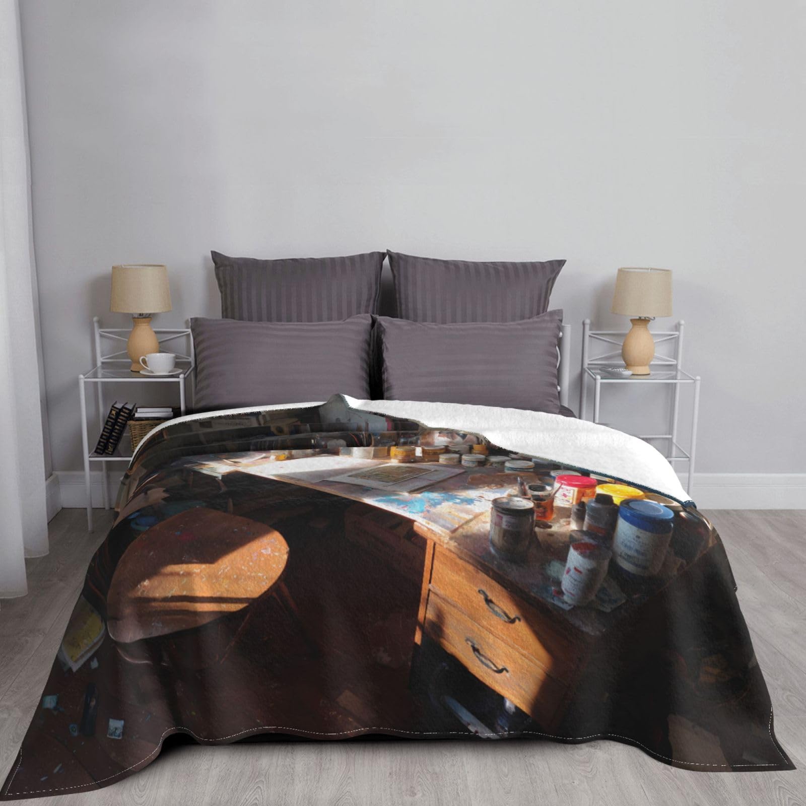 Manta de viaje portátil de 80 x 60 pulgadas, suave, resistente a las arrugas, plegable, exquisita impresión de mesa de dibujo desordenada
