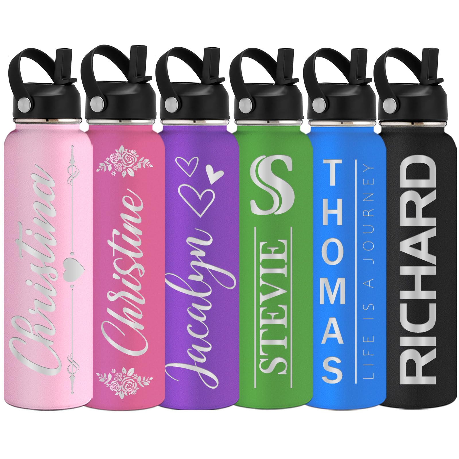 Gamanor Personalized Custom Water Bottles 18oz for Kids Girls Boys Women Men with Name Text Straw Lid Customized Stainless Steel Engraved Water Bottle