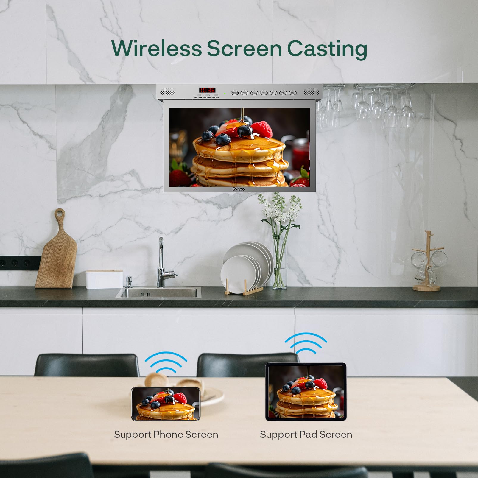 SYLVOX 15.6" TV per Cucina Ribaltabile,1080P FHD, Google 12V TV - Argento | Mini TV Pieghevole a 90°, Girevole ± 180°, DVB-T2/S2, HEVC 10 | USB | Kitchen Televisione per Camper, Camera