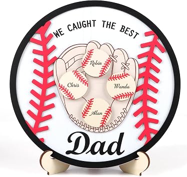 CHDITB Personlized Gifts for Dad from Son Daughter, Wooden 3D Kids Name Baseball Mitt Shaped Table Desk Decor with 5 Baseballs, DIY Ideal Fathers Day Birthday Gift for Grandpa Papa12"x12"