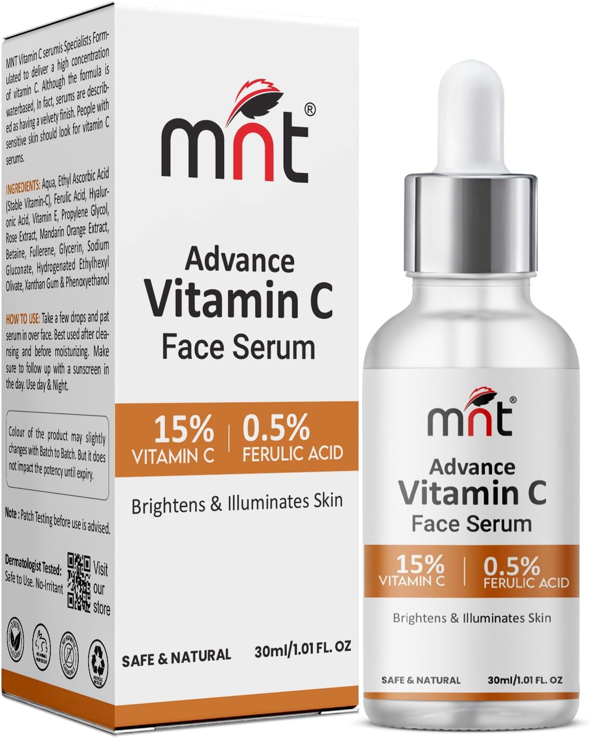 MNT 15% Vitamin C Face Serum with 0.5% Ferulic Acid for Glowing Skin I Brightens & Illuminates Skin I For Men & Women I 30 ml
