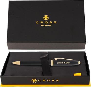 Cross Townsend Engraved Ballpoint Pen, Black Lacquer with 23K Gold Trim, Conical Top, Art Deco Design, Personalized Gift for Executives, Retirement, Board Members, Senior Partners, Cross Gift Box