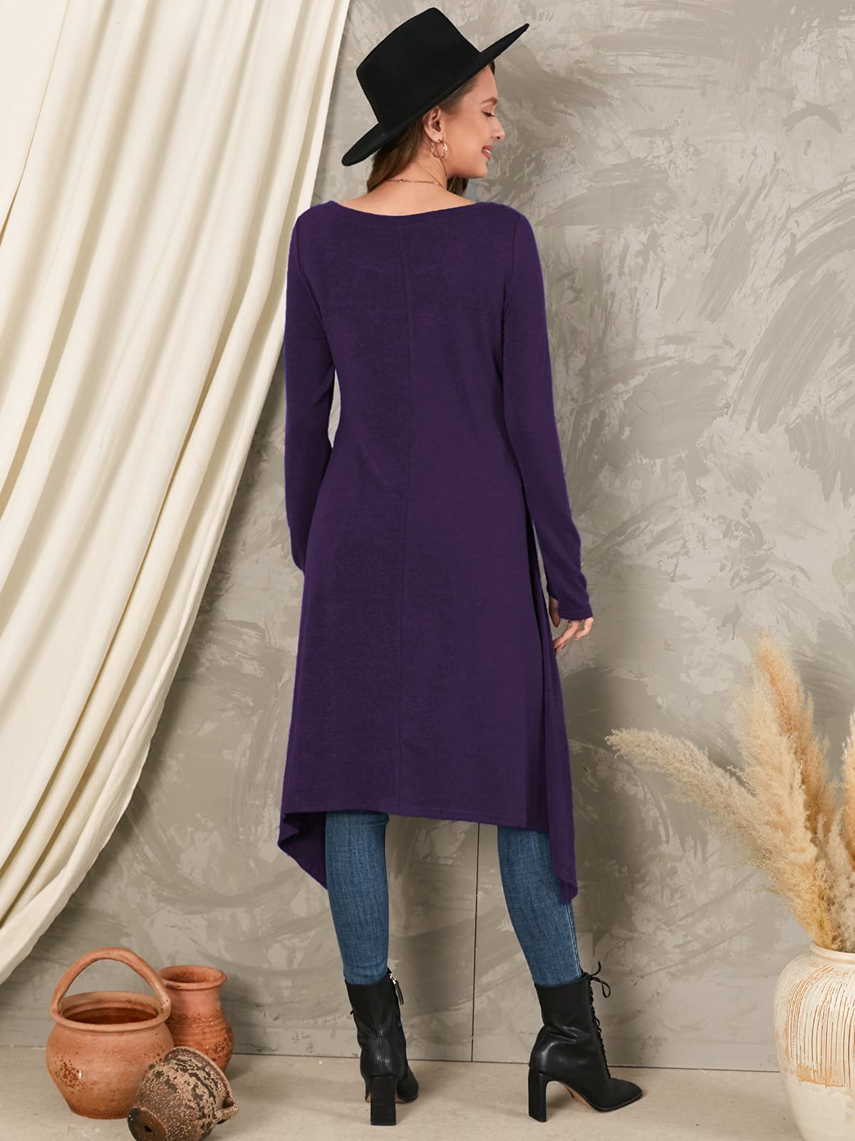 ZANZEA Femme Robe Pull en Maille Oversize HiverTunique Longue Grande Taille Robe Sweat Asymetrique Style de Base Violet XXL