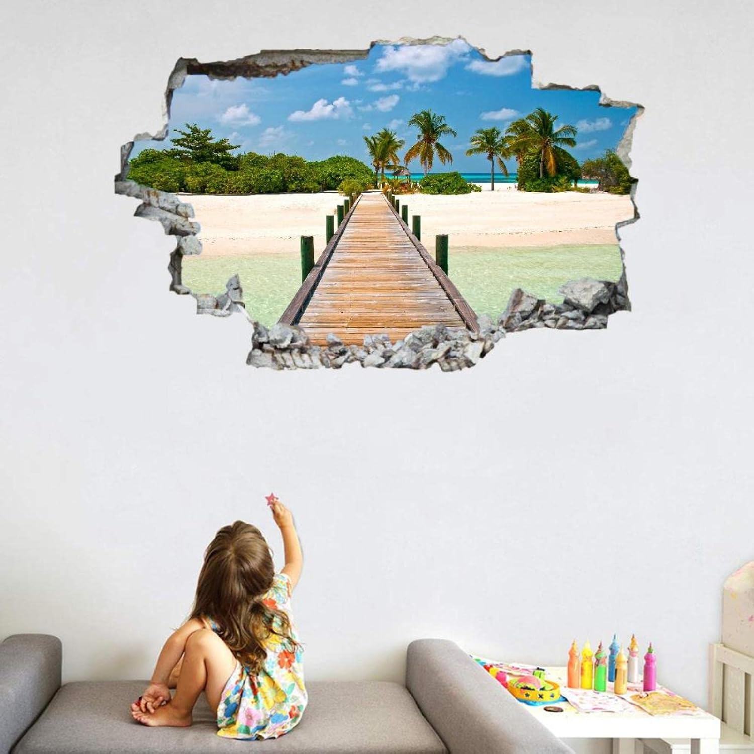 Beach 3D Smashed Wall Effect Road Waterproof Wall Stickers Art Removable Pier Vinyl Wall Decal for Kids Boys Girls Nursery Home Bedroom Wall Décor 43" W x 28" H