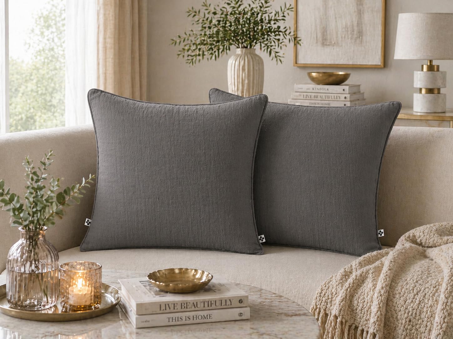 Lot de 2 coussins 45 x 45 cm gaze de coton Granit – Déhoussables zip – Pass