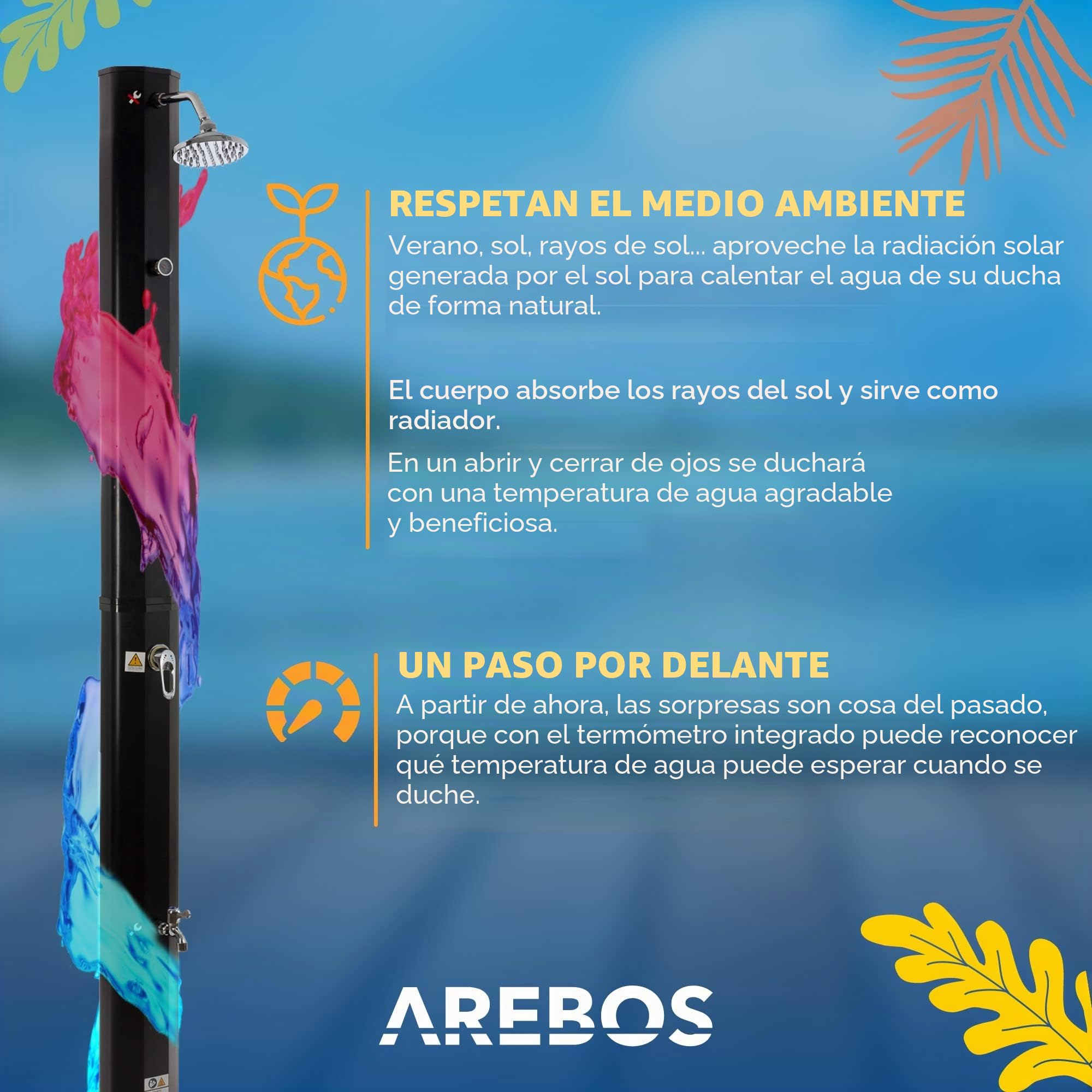 Arebos Ducha Solar | 35 litros | 216cm | con termómetro Integrado | Incl.Portada | Cabezal de Ducha Redondo | con Ducha de pies | Ducha de jardín con conexión para Manguera de jardín | Negro