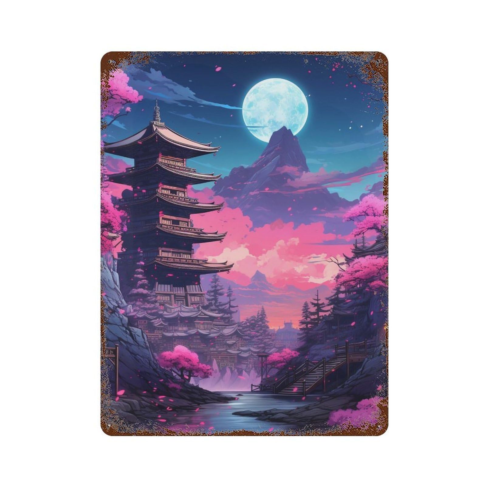 Cherry Blossom Moonlit Pagoda -5 Retro Metal Sign 15.7"x11.8", Decorative Metal Wall Art for Basement, Hobby Room And Garage Decor